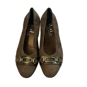 AGL Tan Beige Suede Leather Cap Toe Buckle Wedge Loafers 38.5 8.5